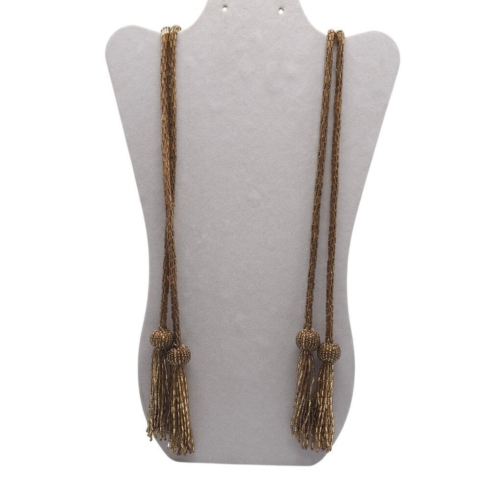 Vintage Two Gold Glass Seed Bead Art Deco Tassel Sautoir Necklace